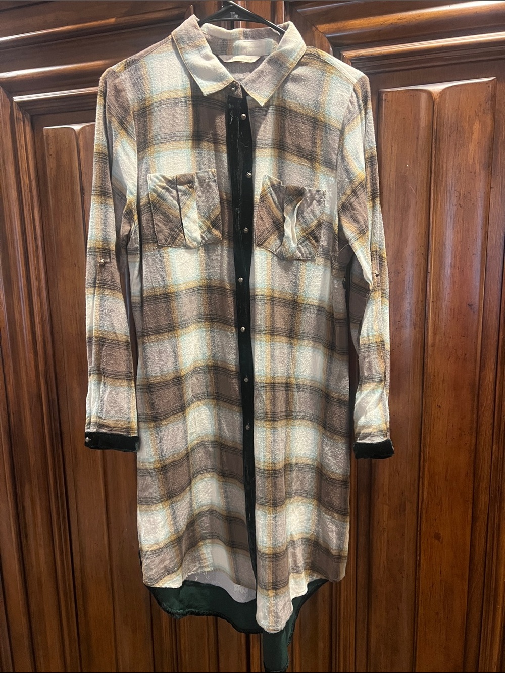 Soft Surroundings Plaid Longline Button-Down Shirt Dress - Brown & Cream